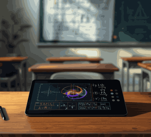 Tableta digital sobre un escritorio en un aula tradicional de clase.