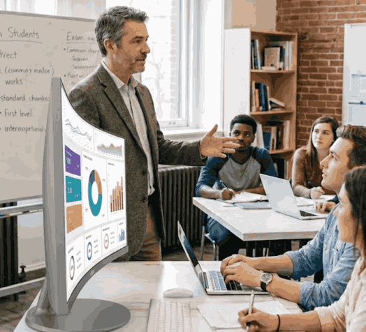 Aula de clase universitaria con un monitor ultra wide en primer plano